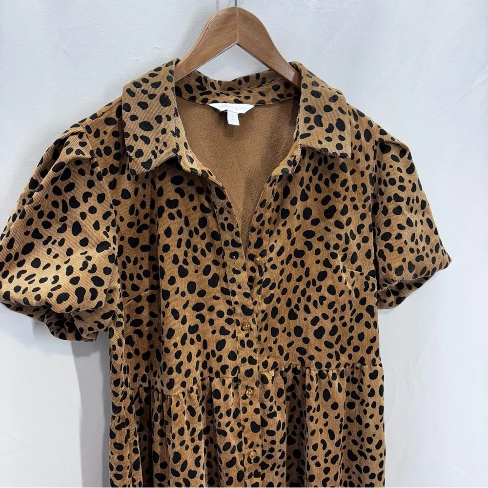 Animal Print Tiered Maxi Dress Corduroy Dress Puff Sleeves Small - Picture 3 of 13